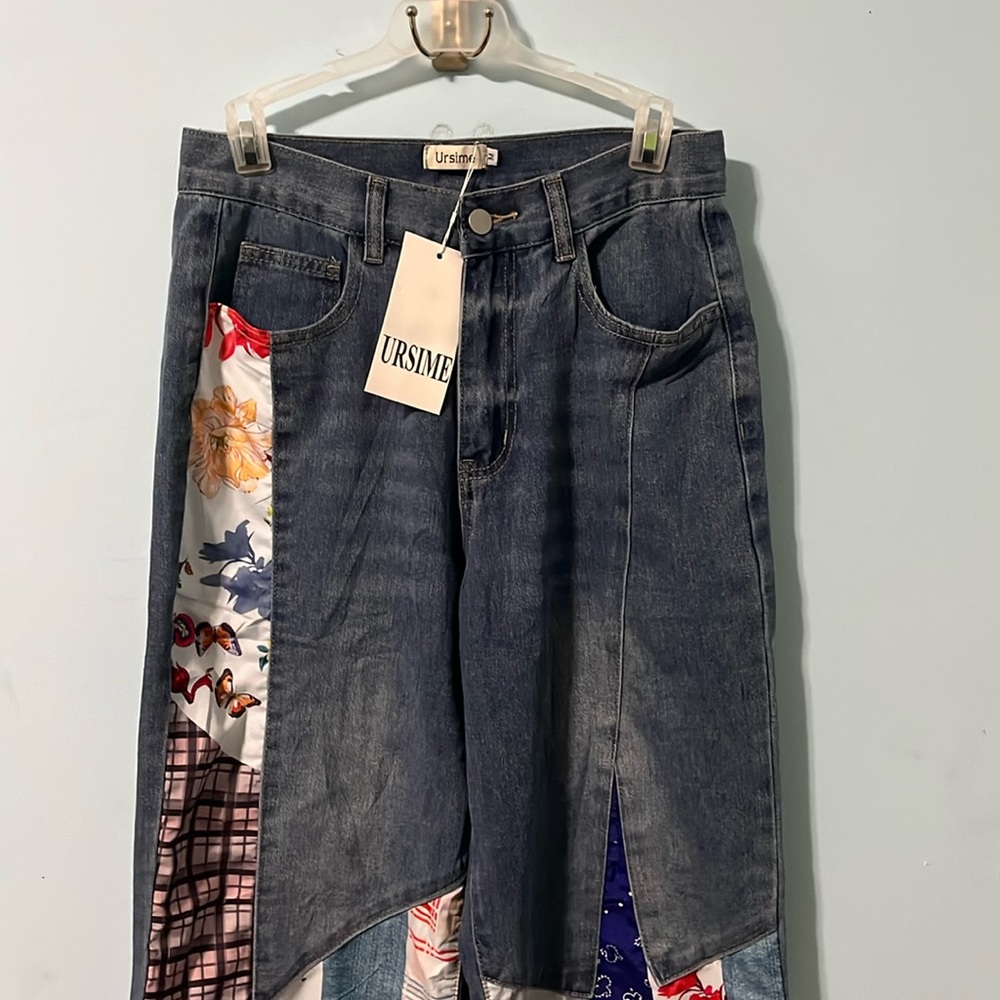 URSIME Boho Patchwork Denim High Rise Flare Jeans size M 28 Waist NEW